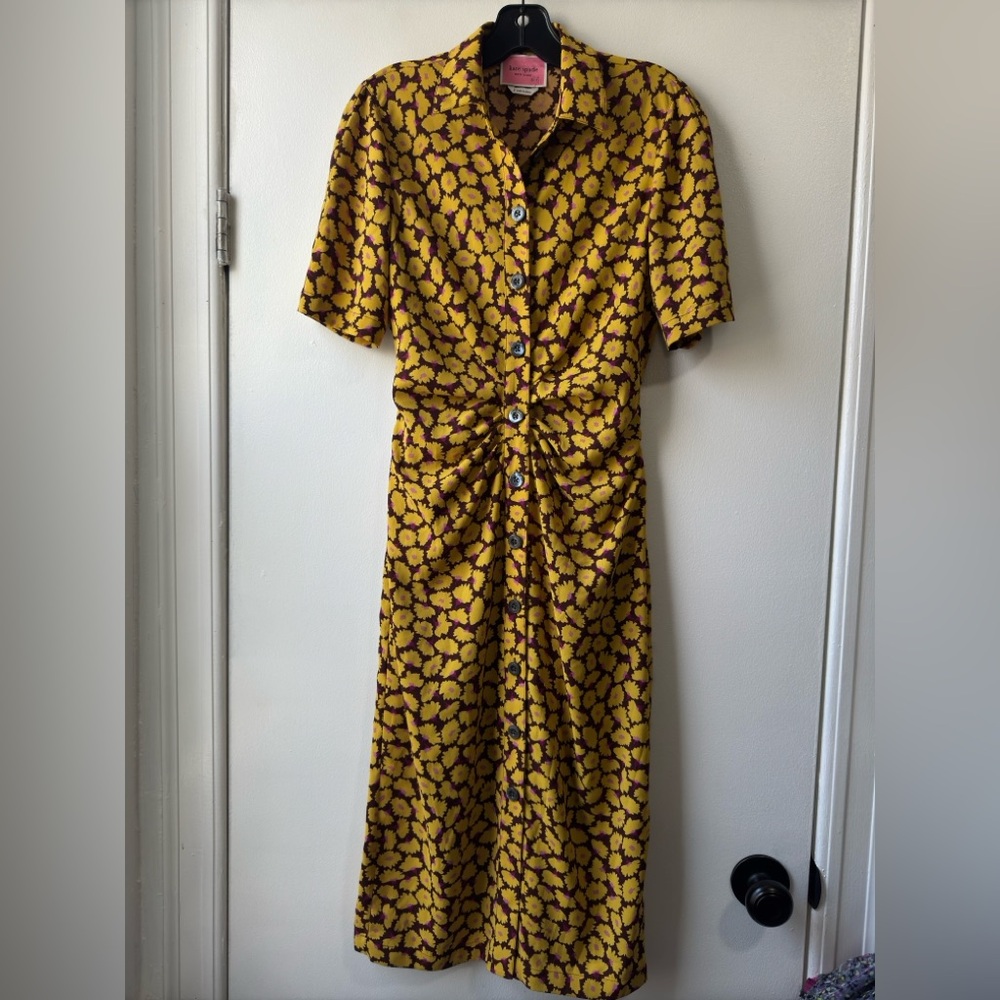 Kate Spade New York Sunny Bloom Ruched Front Shirt Yellow Patterned Dress Sz 2 - Picture 4 of 10